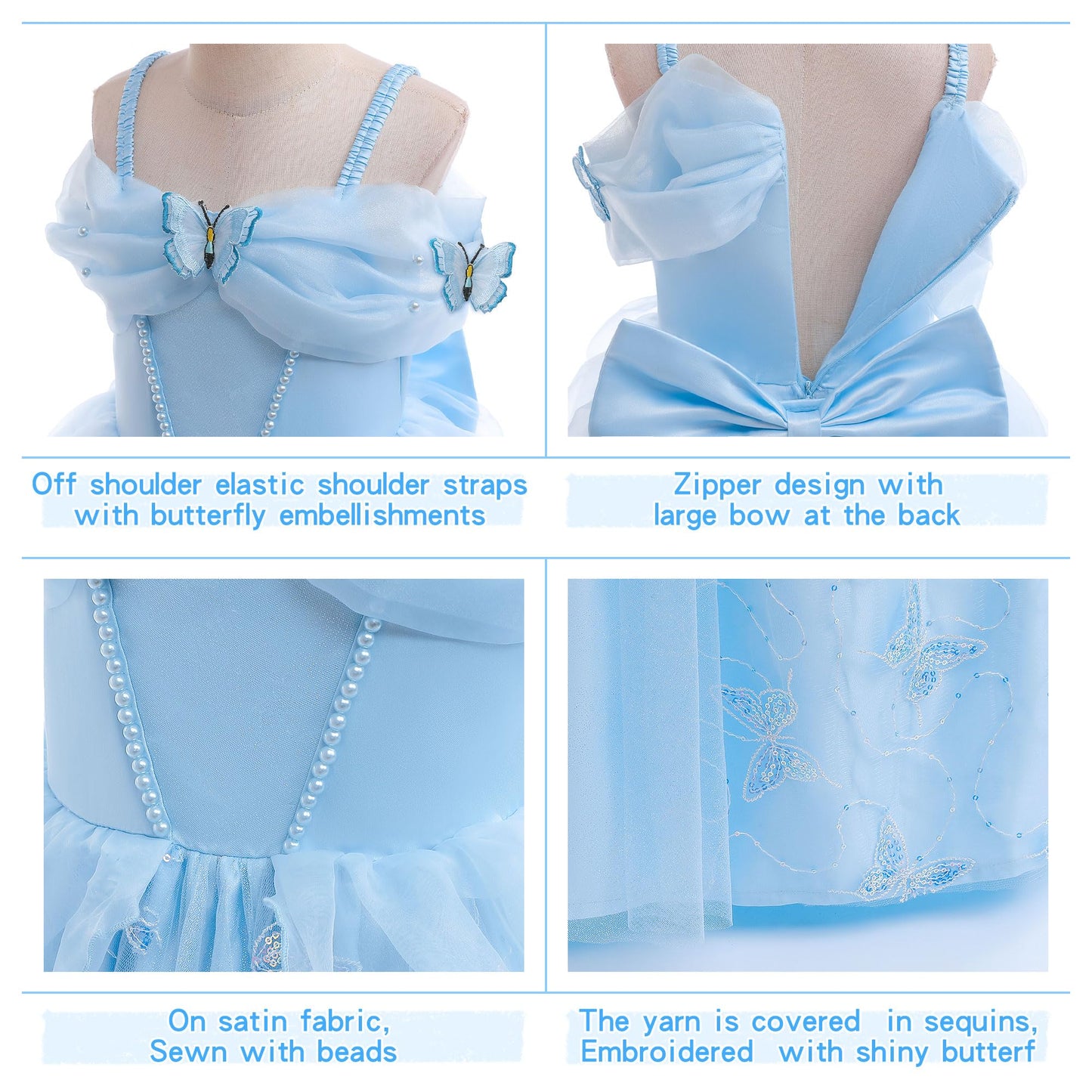 Grivos Princess Dress For Girls Blue Costume Cosplay Fancy Halloween Christmas Party 4-10Y
