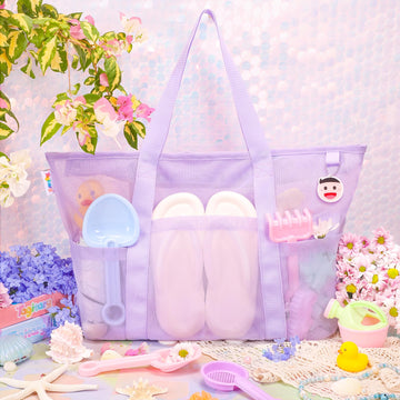 Tagitary Beach Toys Mesh Beach Bag with Zipper and 8 Pockets, Purple Large Beach Tote Waterproof Sandproof for Camping Sports Po