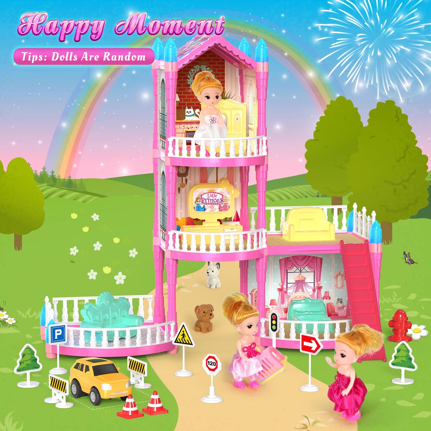 Mastom Dolls House For Girls, Doll Girls Houses With Track Car Toys, Dolls, Pets, Car, Furniture And Accessories, Pink Dream Princess Castle Playset Toy Gifts For Toddler Girls Ages 3 4 5 6 7 8+