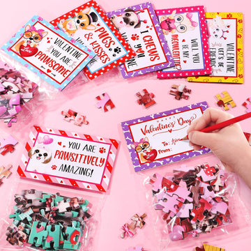Asoulin Valentine Day Gifts For Kids, 24 Packs Valentine Day Cards For Kids School With Cat & Dog Jigsaw Puzzles Toys Birthday G