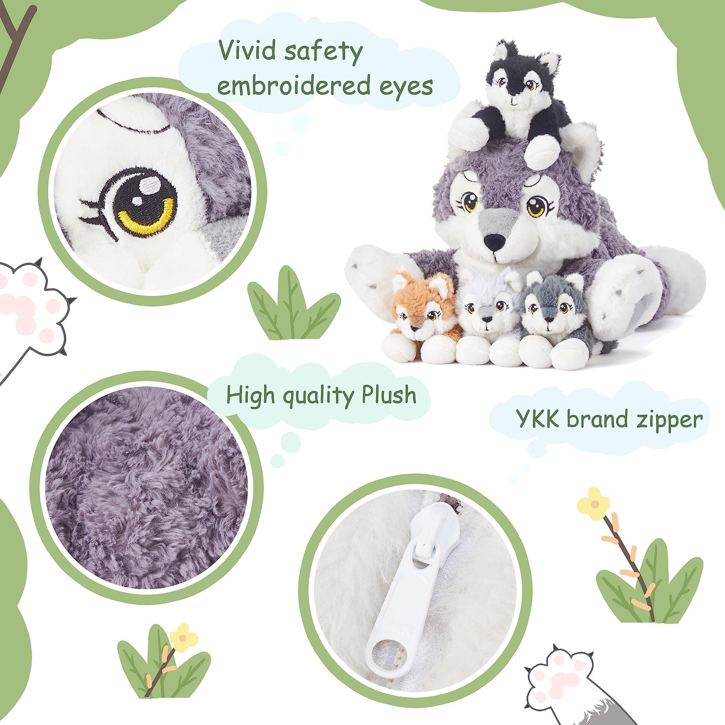 Ikasa Mommy Wolf Stuffed Animal Mom And Baby Plush Toy, Cute 18' Soft Small Mama Family Set With Little Mini Babies,Gifts For Kid (Wolf)
