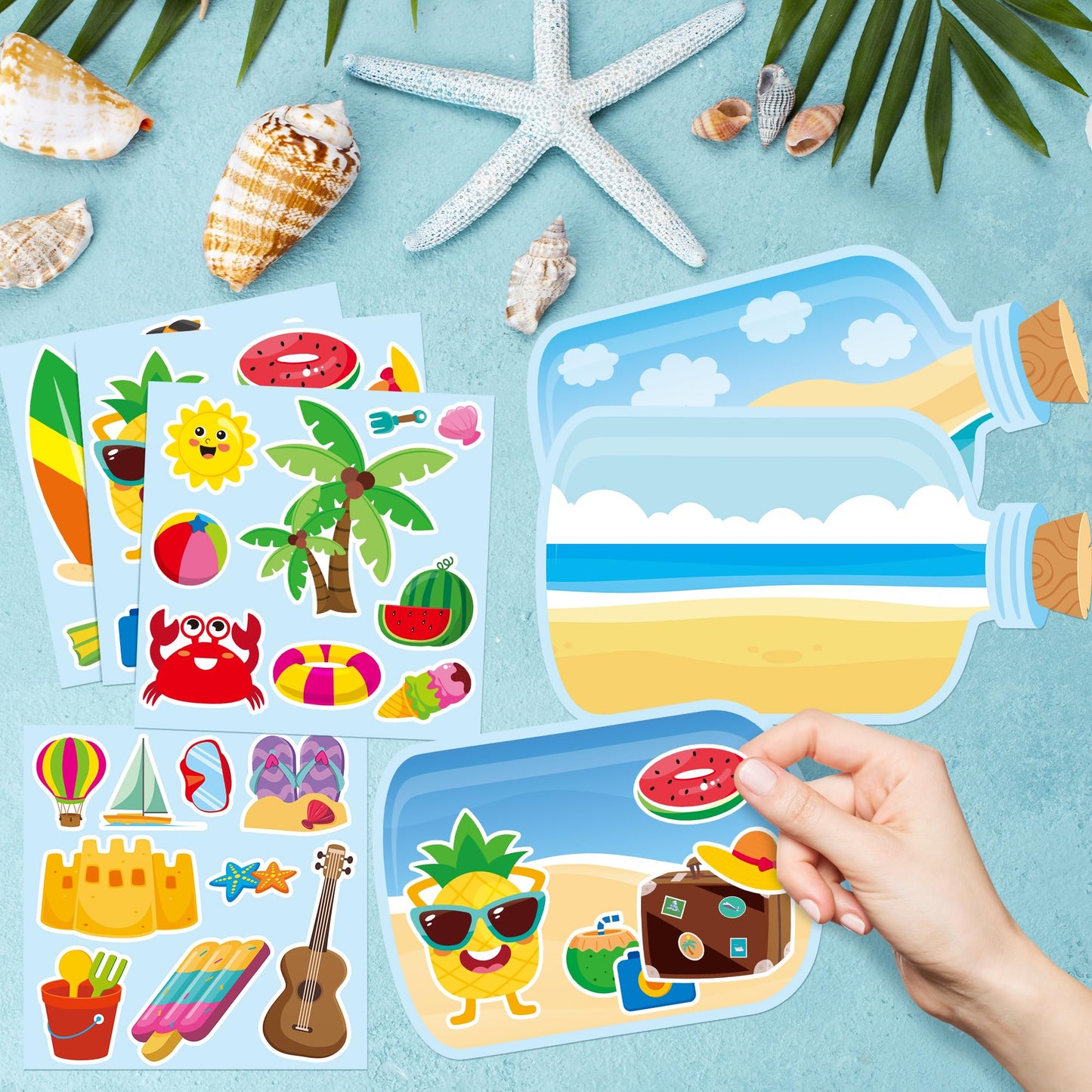 Cy2Side Summer Beach Stickers Scene - 12Pcs Summer Drifting Bottles Sticker Scene Art Craft For Kid Make Your Own Beach Sticker Scene With Pineapple Flamingo Diy Hawaii Party Game Class Fun Activities
