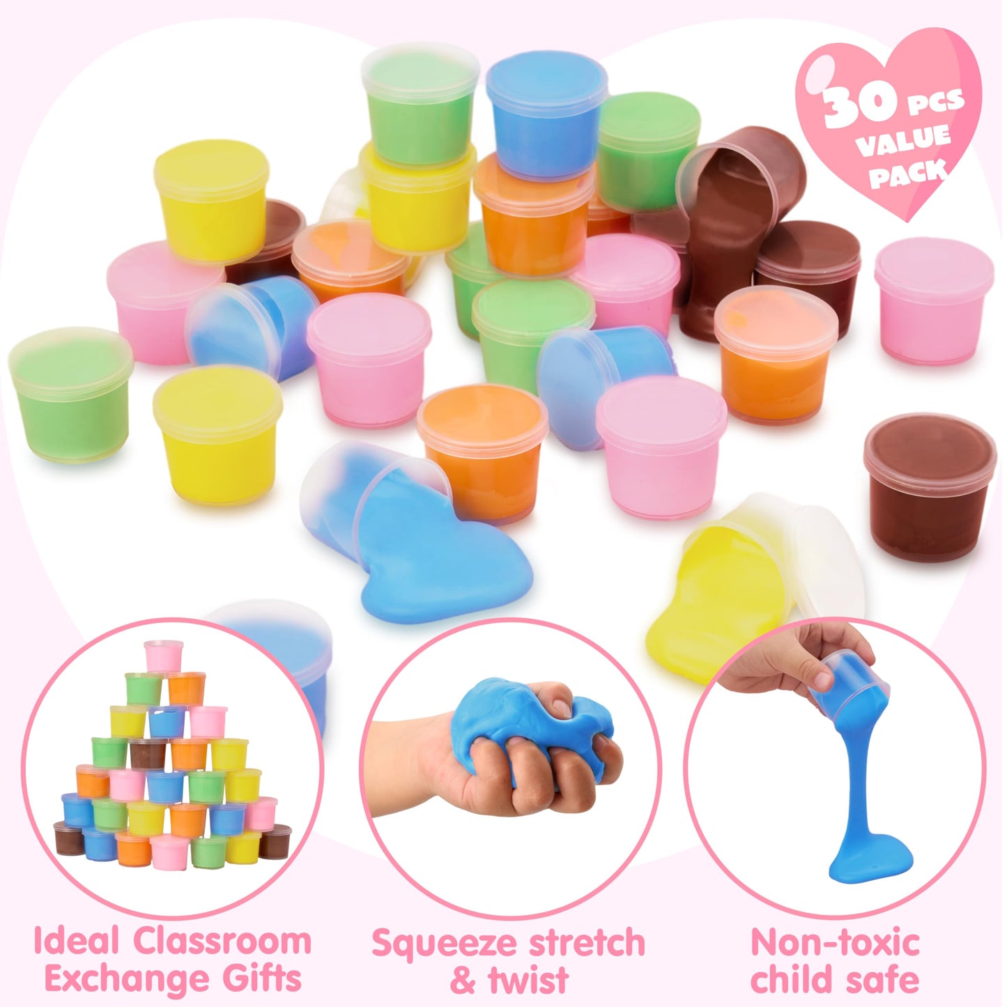 Joyin 30 Packs Valentines Day Cards With Butter Slime, 6 Colors Slime Party Favors, Stress Relief Fidget Toys And Gift Cards For Kids Valentine'S Day Classroom Exchange Prizes