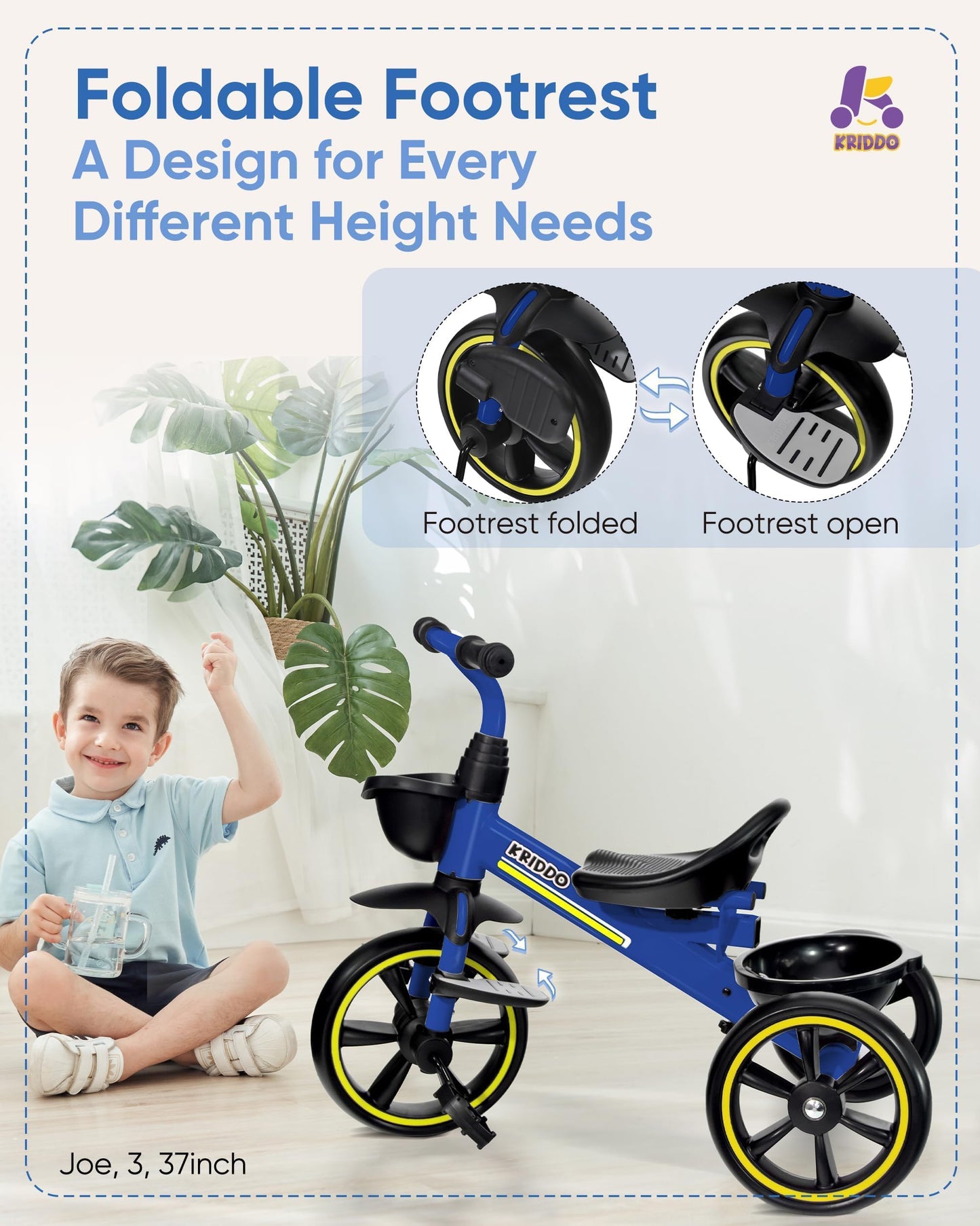 KRIDDO 2-in-1 Toddler Tricycle for Ages 18 Months to 5 Years Old - Extended Push Handle for Effortless Push, Gift Trike for Todd