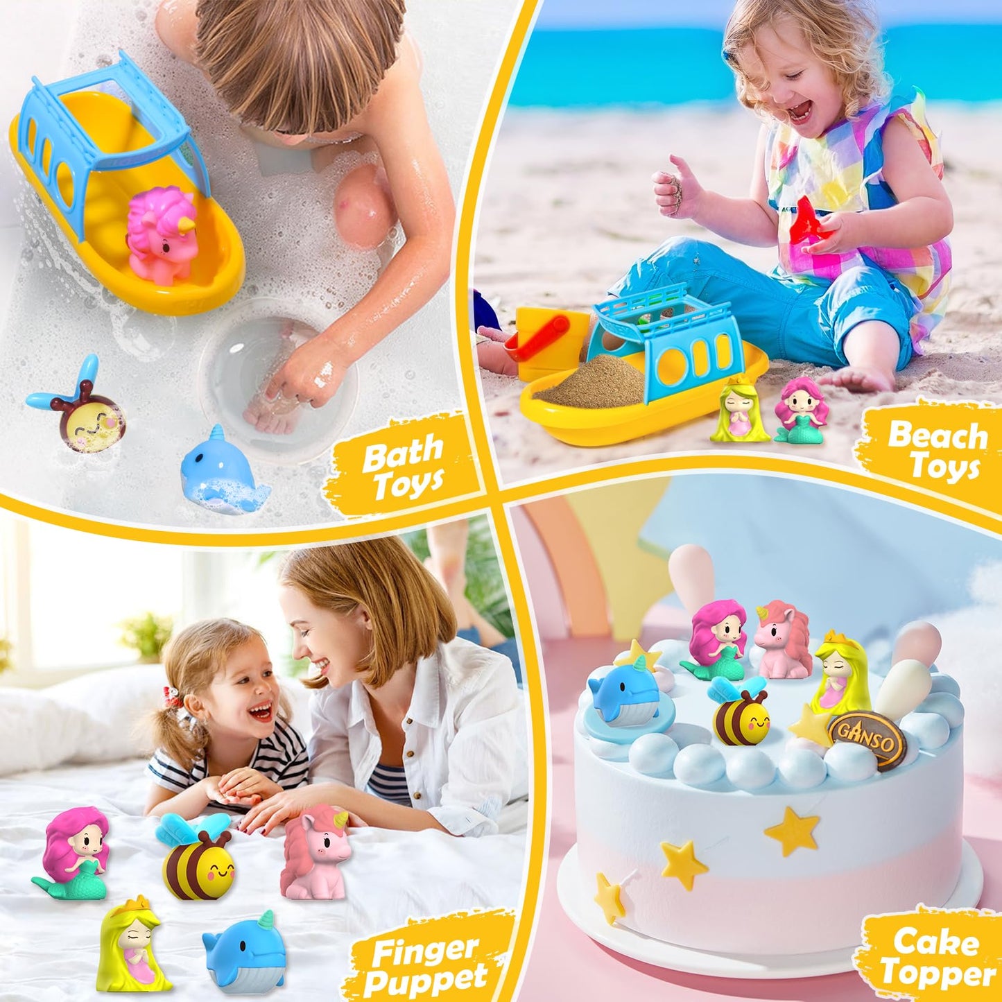 Oriate 6Pcs Fairy Princess Bath Toys For Girls, Silicone Finger Puppet And Boat, Mermaid, Princess, Bee, Whale, Unicorn For Toddlers Kids 1-3