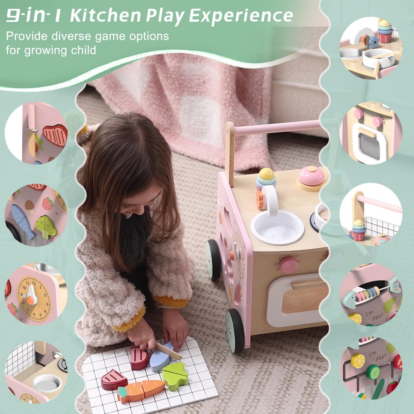Wiqins Wooden Baby Walker 9-In-1 Activity Center With Toddlers Montessori Sensory Toys And Play Kitchen Push Walker For Kids Wit
