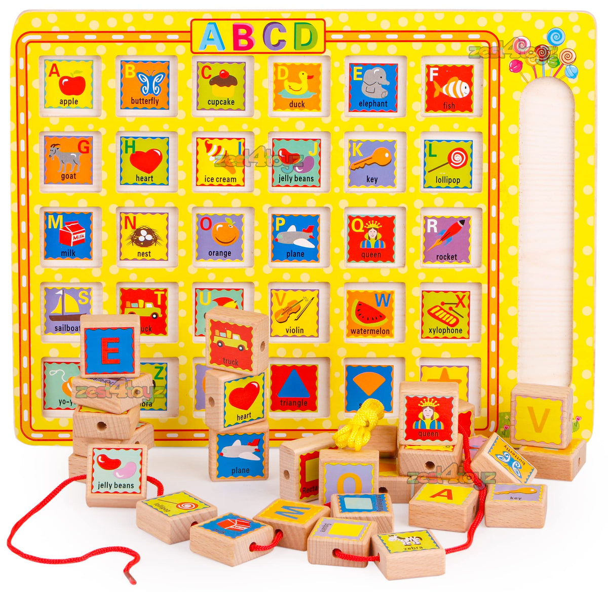 zest 4 toyz Wooden Puzzle English Learning Alphabet Tray with Lacing Beads Strings Early Educational Toy for 2 3 4 5 Year Kids