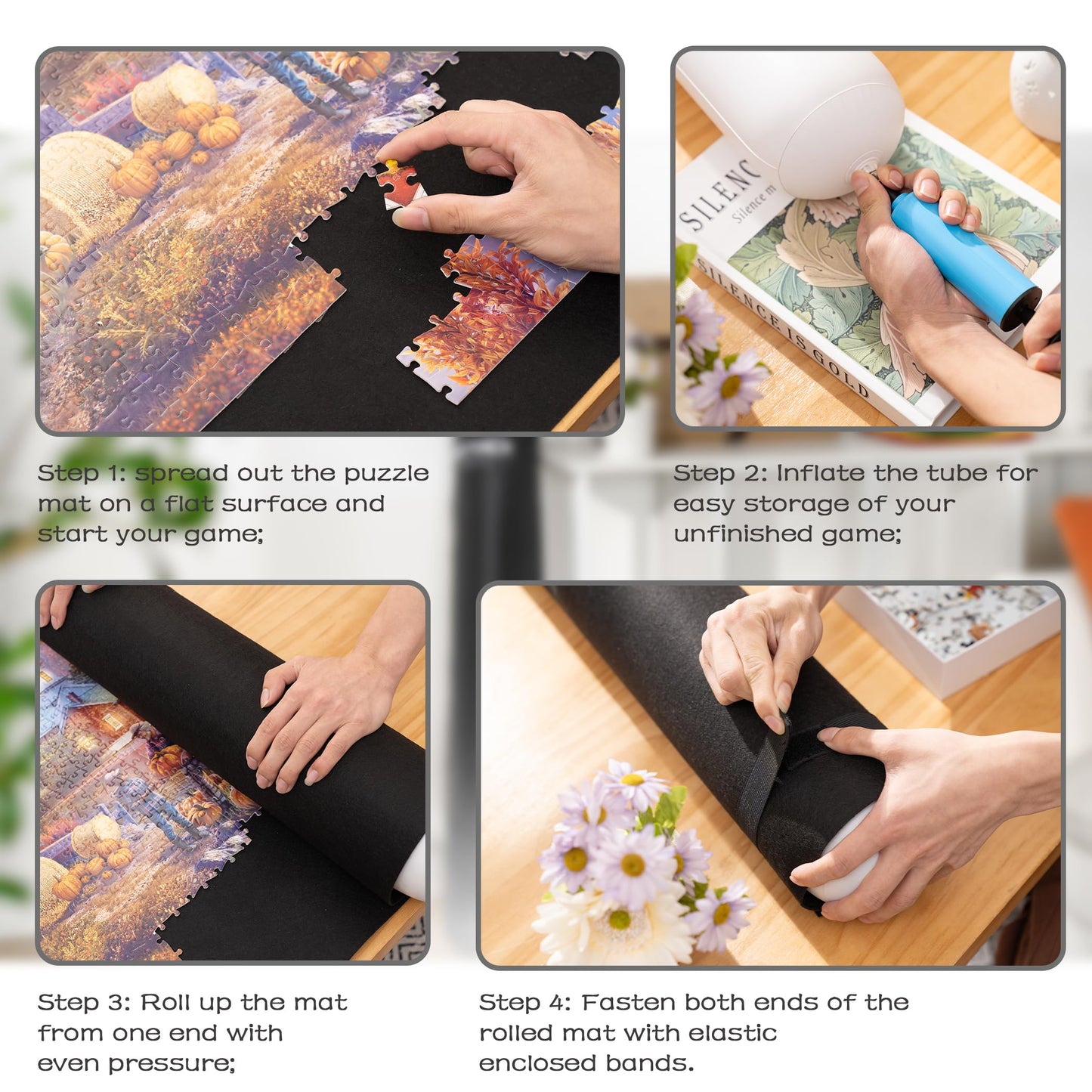 Tektalk 3000-Pc Jigsaw Puzzle Mat With 6 Felt Sorting Trays, Higher-Capacity Design, Roll-Up Mat In Delicate Packaging Box With Hand Pump, Storing For 3000, 2000, 1500, 1000, 500 Jigsaw Puzzle Pieces