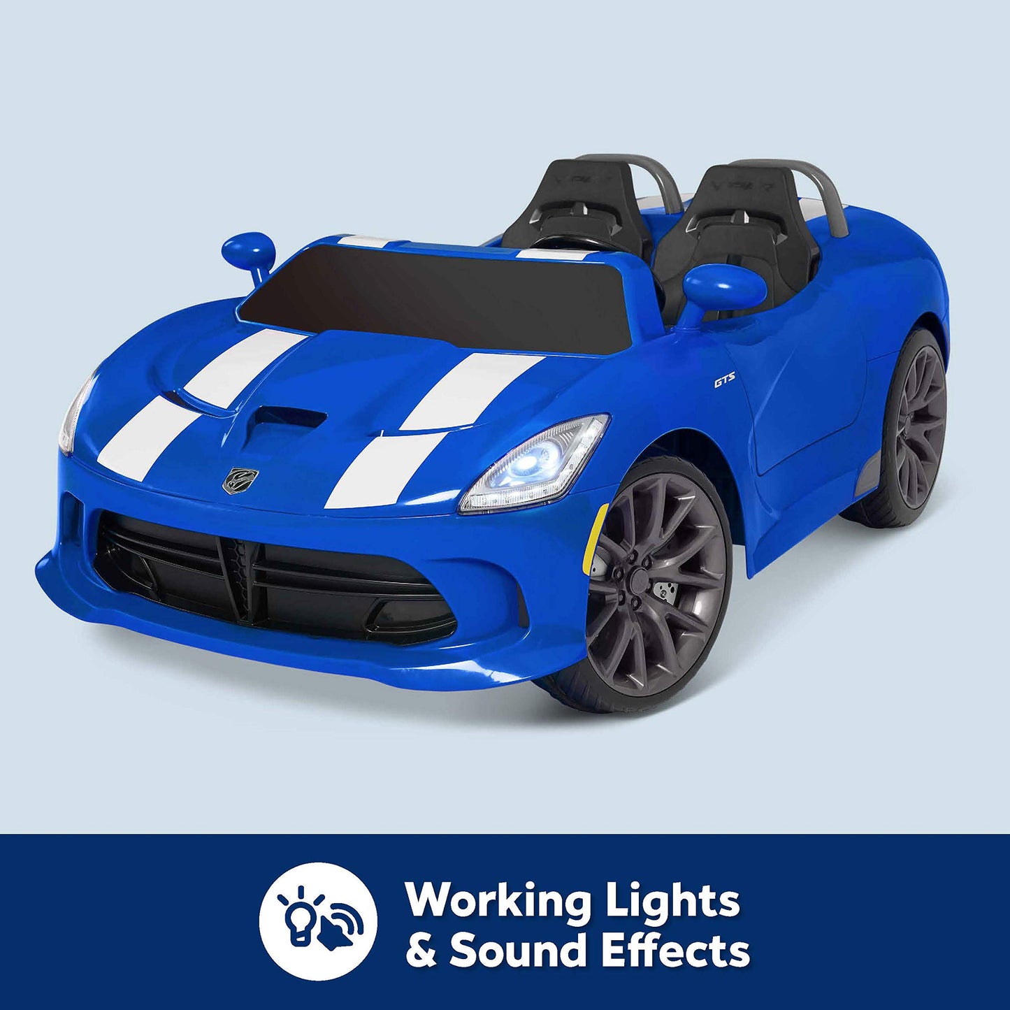 Kid Trax Dodge Viper Srt Convertible Toddler Ride On Toy, Ages 3 - 7 Years Old, 12 Volt Battery, Max Weight Of 130 Lbs, Two Seater, Working Lights, Blue/Stripe