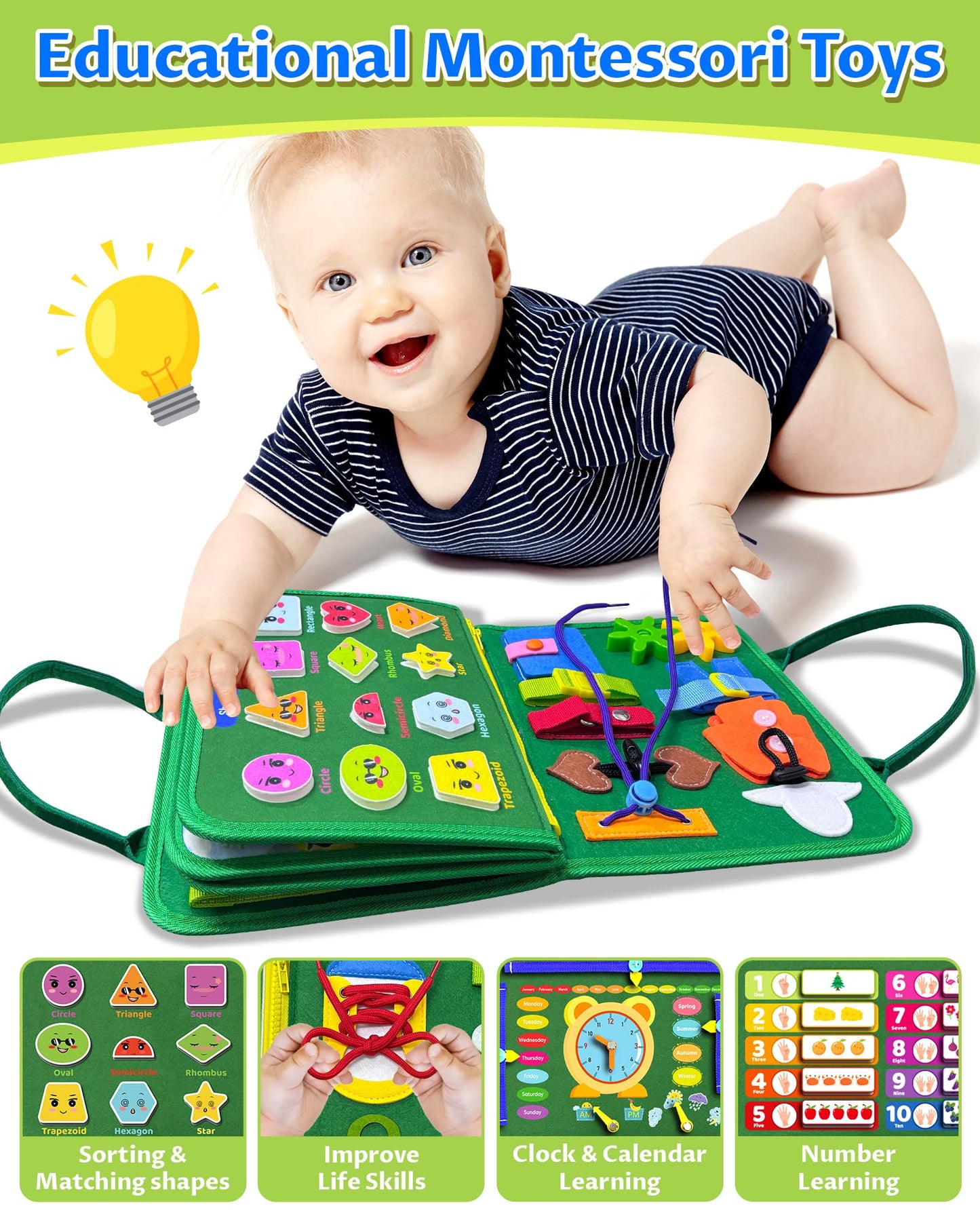 Exorany Busy Board Montessori Toys For 1 2 3 4 Year Old Boy & Girl Birthday Gifts, Busy Book For Toddlers 1-3, Sensory Education