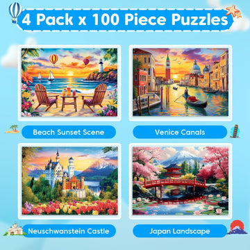 Ciavotie 100 Piece Puzzle World Famous Landscapes Jigsaw Puzzles Large Piece Puzzles for mature-themed Seniors Kids Puzzles for Kids Ages 4-6 6-8 Learning Educational Toys Gifts for Girls Boys 4 Packs