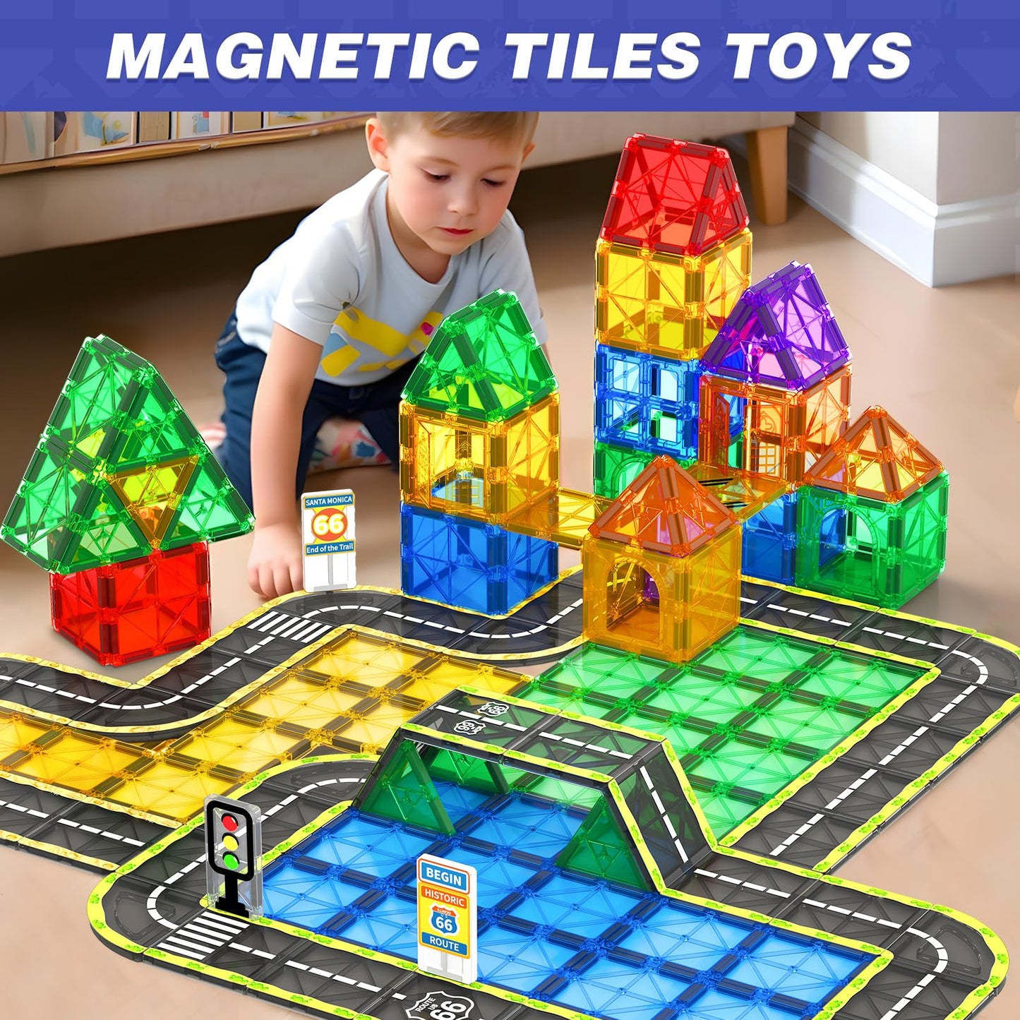 Magnetic Tiles Road - Route 66 Set, Magnet Building Blocks For Toddler Kids Toys, Construction Sets For 3+ Year Old Boys & Girls