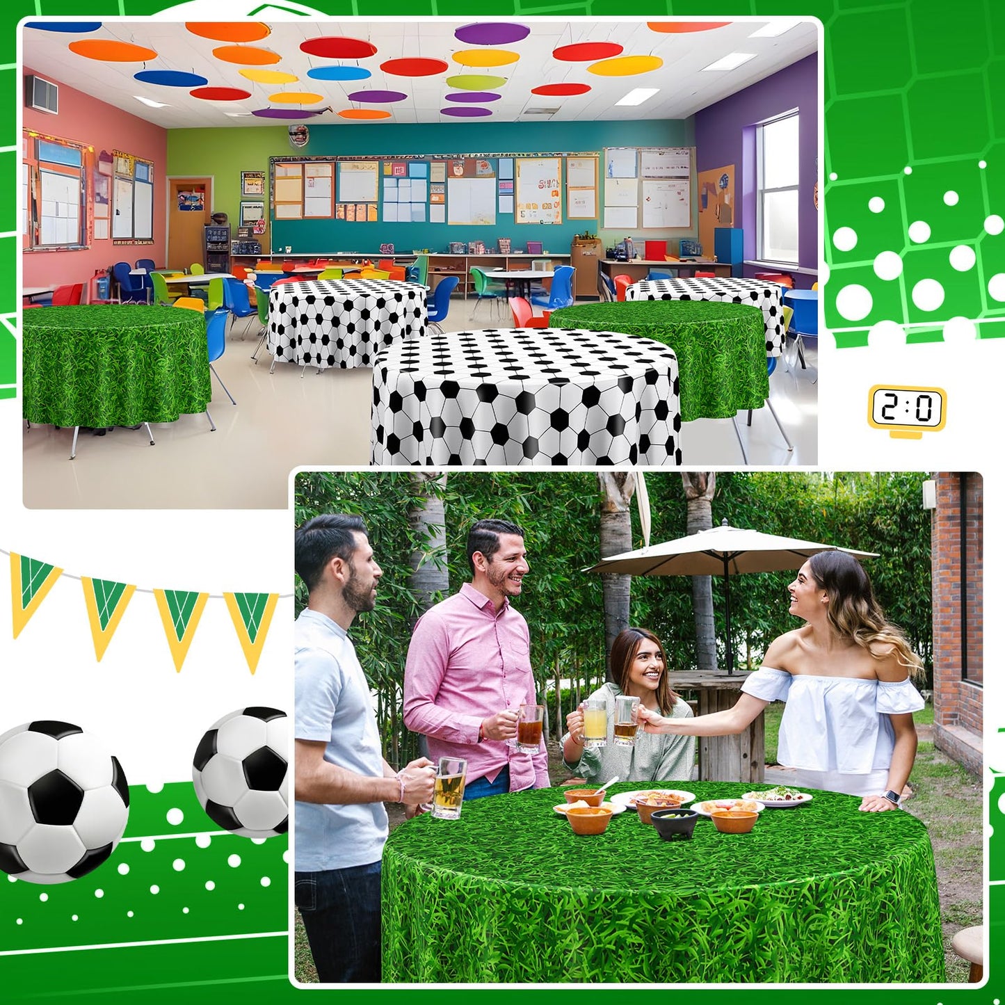 Funnymoom 4 Pack Round Soccer Tablecloth 84 Inch Plastic Soccer Grass Party Decorations Disposable Grass Table Cloth Washable Di