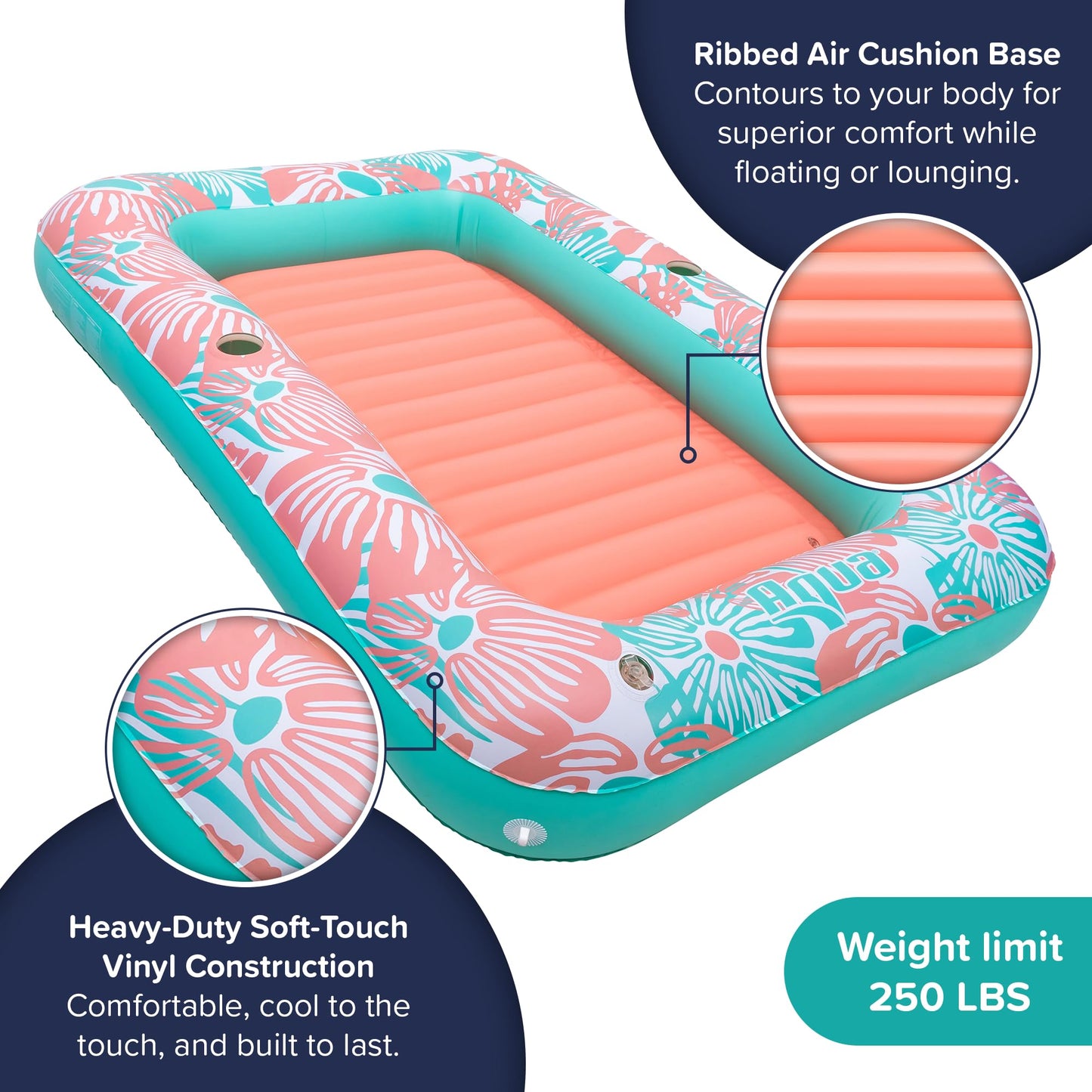 Aqua Inflatable Tanning Pool Lounger - Large (71 x 48 in) - Premium Pool Float with Cupholders and Removeable Pillow for Relaxat