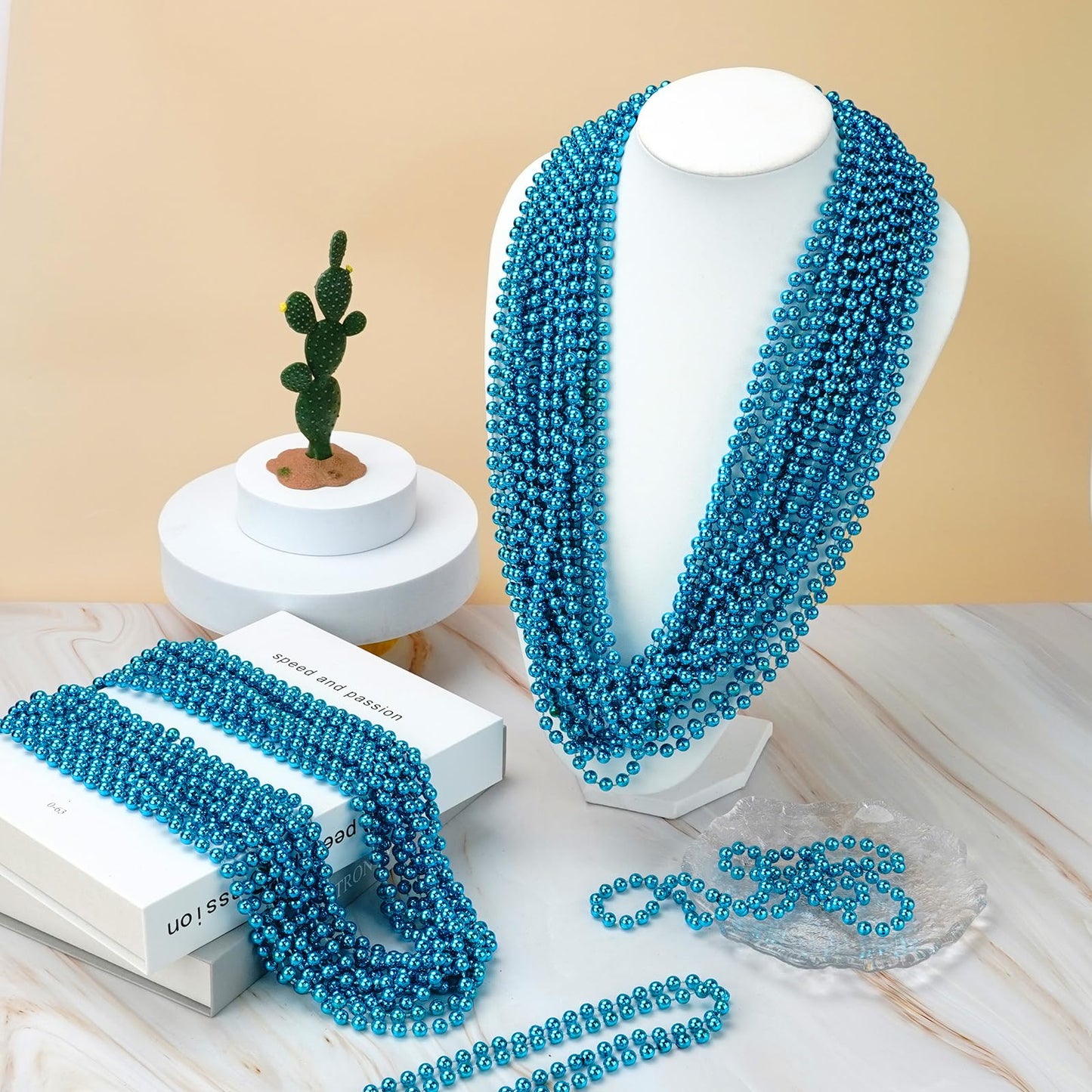 YAXINRUI 24 PCS Teal Bead Necklaces, Teal Mardi Gras Beads, 33 Inch Round Beaded Necklaces School Spirit Day Necklace for Mardi