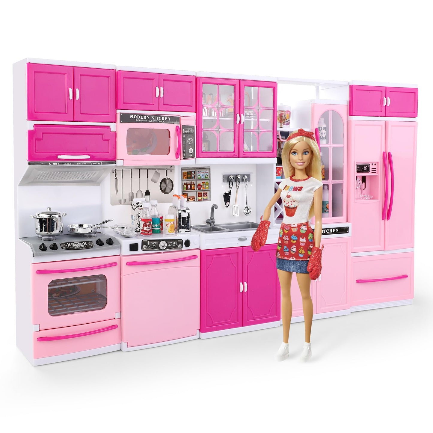 Doll Kitchen Playset For Kids, My Modern Mini Kitchen House Furniture Pretend Play Toy Accessories Set With Realistic Lights & Sounds For Toddlers, Girls (5-In-1 Kitchen Set)
