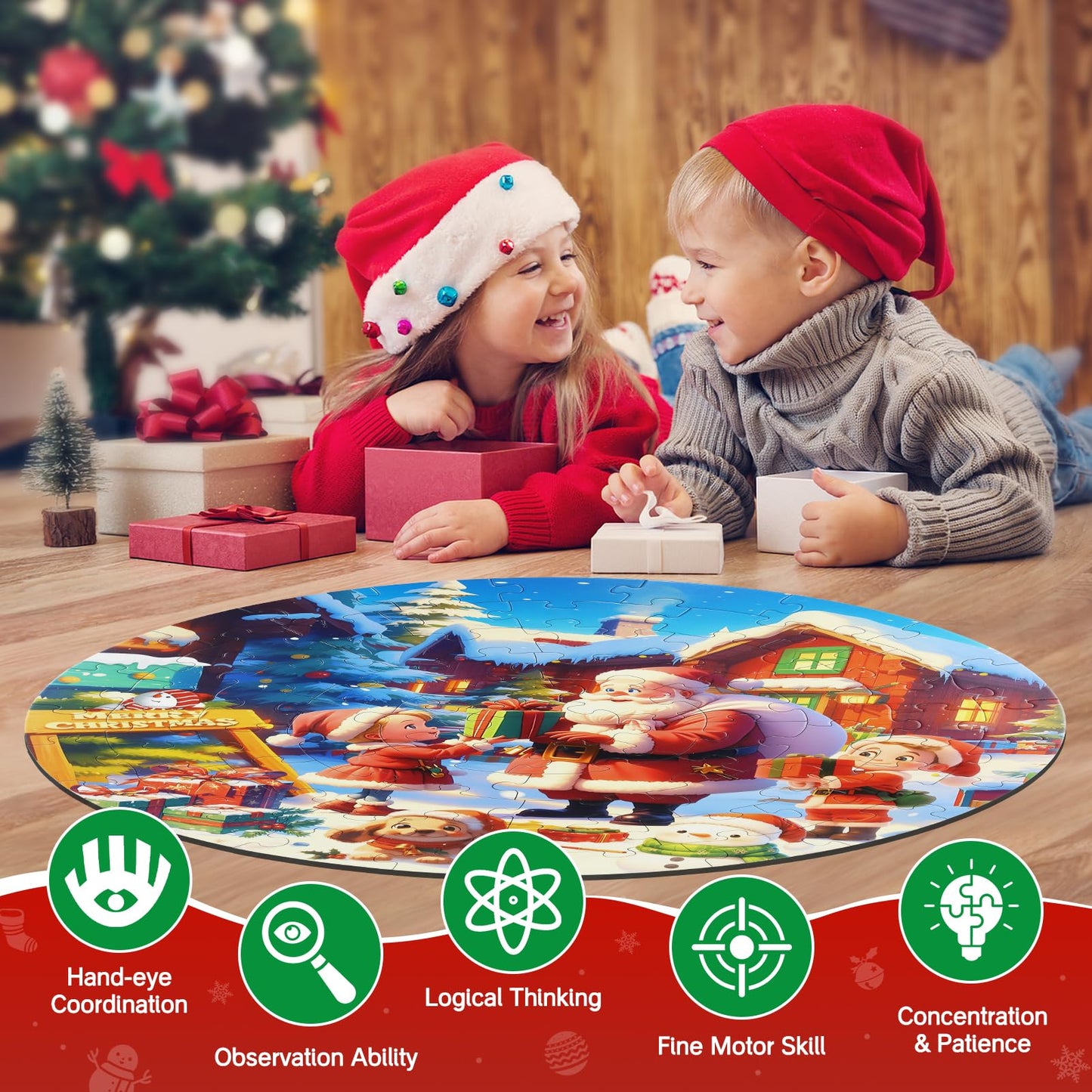 Christmas Puzzles For Kids Ages 4-6, Kids Puzzles With Santa Claus & Snowman,70 Piece Round Large Floor Puzzles For Kids Ages 3
