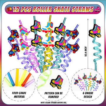 Joyvorite 134 Pcs Roller Skate Party Favors Set with Straws Keychains Slap Bracelet Tattoo Roller Skate Stickers Wristbands Good