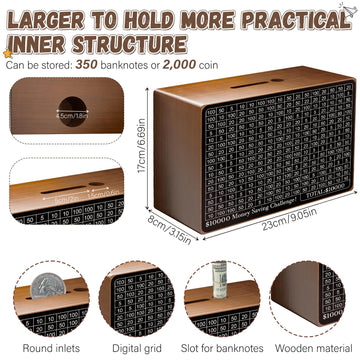 Wooden Money Saving Box Cash Savings Box for $10000 $5000 $3000 Target Money Saving Challenge Reusable Money Box with Counter Cash Vault Bank with Dry Erase Pen/Savings Trackers/Rubber Band-Brown