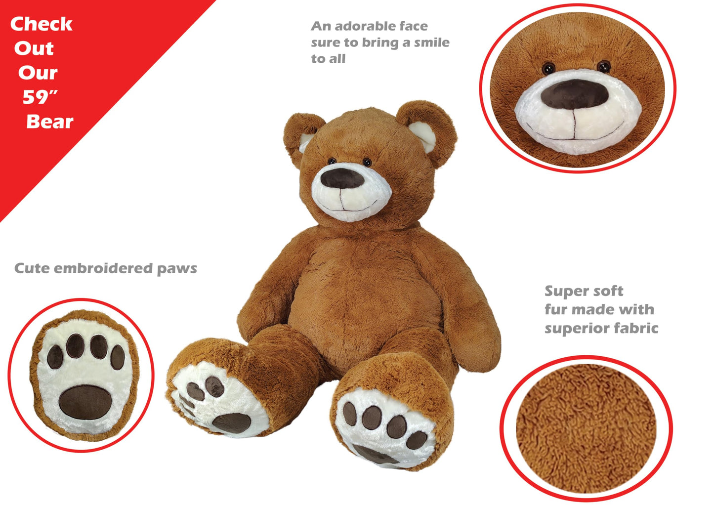 Anico 59" Plush Giant Teddy Bear - Medium Brown Stuffed Animal, Smiling Face, Premium Quality, Perfect Gift for Kids and Girlfriends