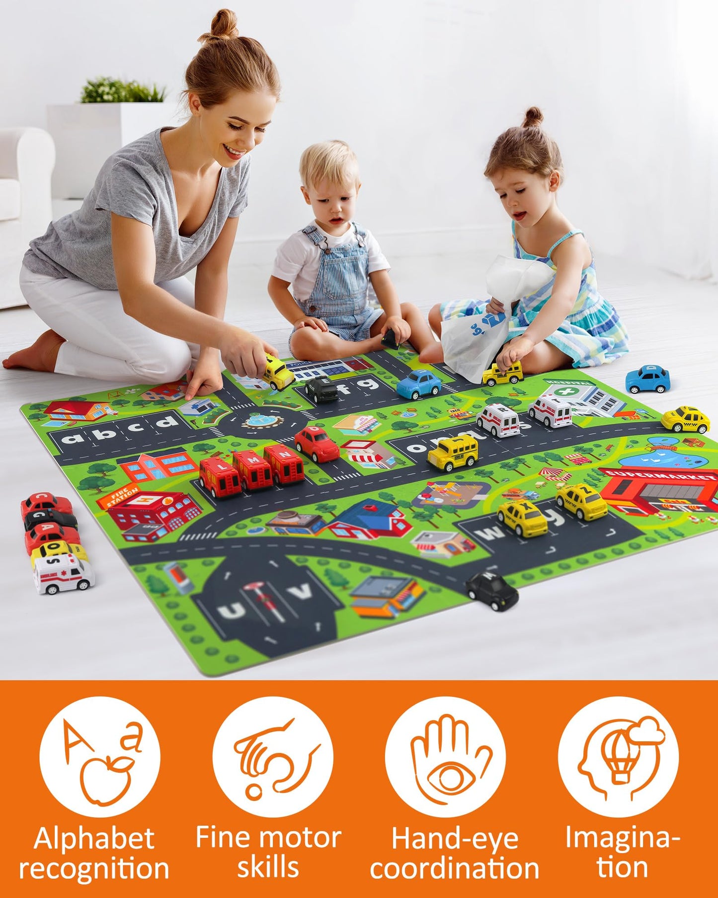 Coogam Alphabet Maze, 26pcs Pull Back Car with Play Mat Preschool Letter Matching Game for 3 4 5 Years Old, Montessori Education