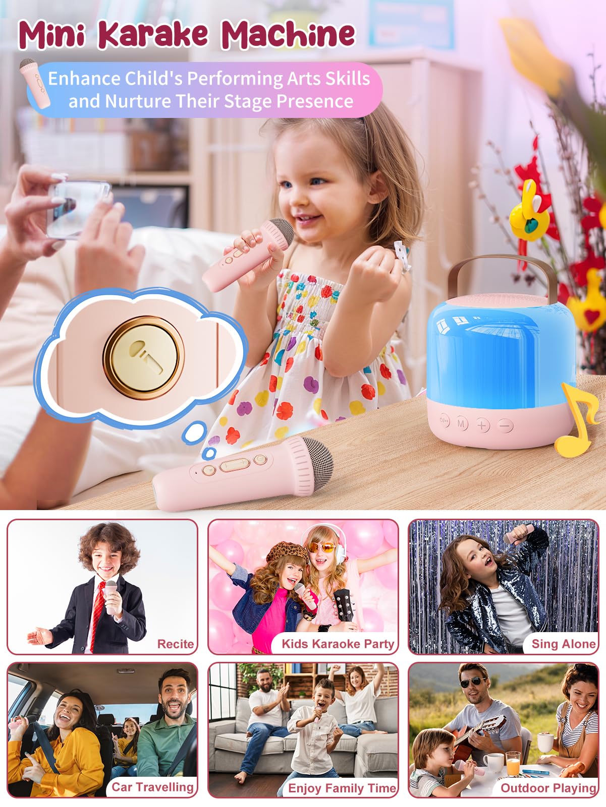 Iyoyo Mini Karaoke Machine For Kids Portable Bluetooth 5.3 Speaker With 2 Wireless Kareokee Microphones, 360° Colorful Led Light Karaoke Toy Gifts For Girls Boys Ages 4-12 Birthday(Peach Pink-2 Mic)