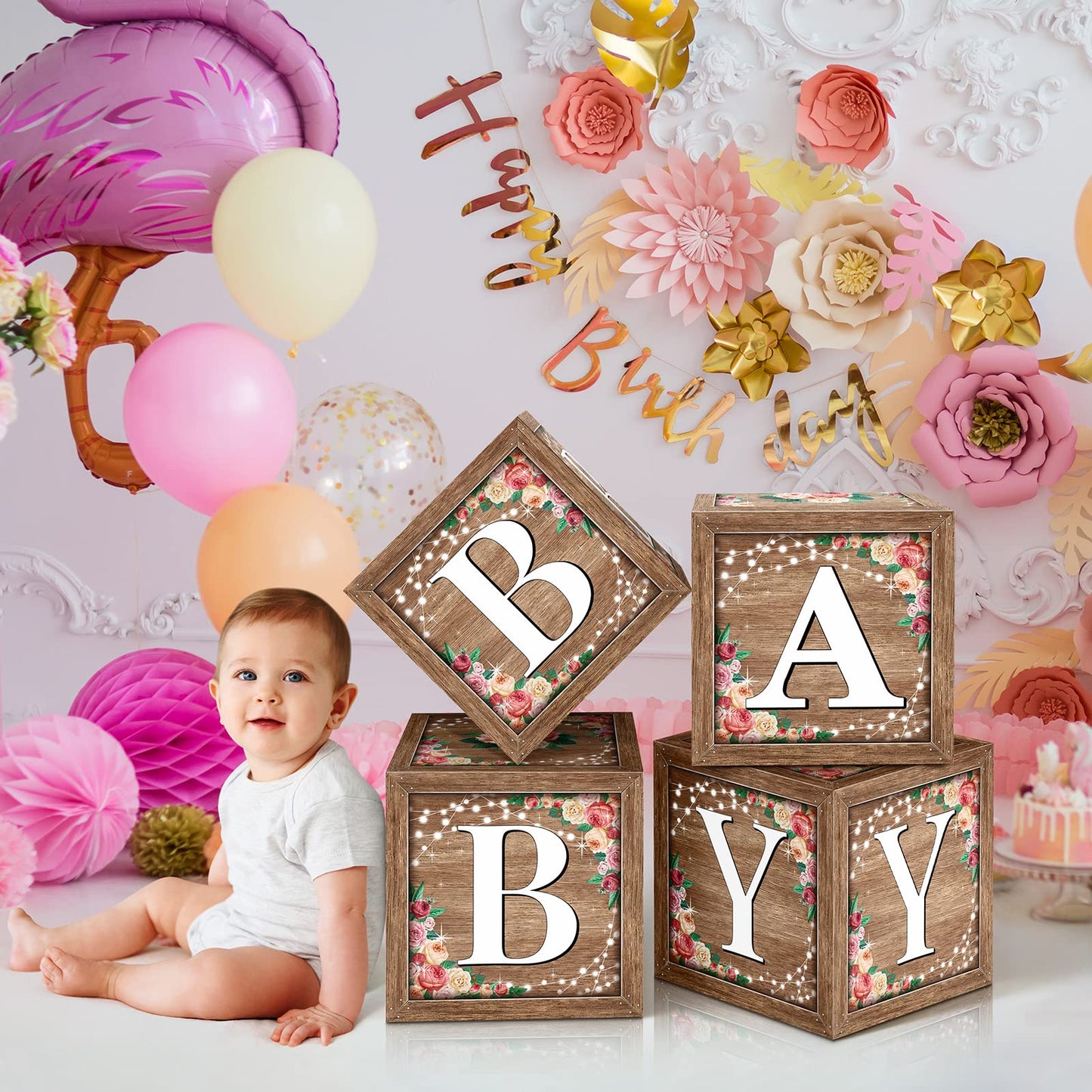 Floral Baby Shower Box Birthday Party Decoration Balloon Blocks First Birthday Centerpiece Decor For Girls Wood Grain Base Gende