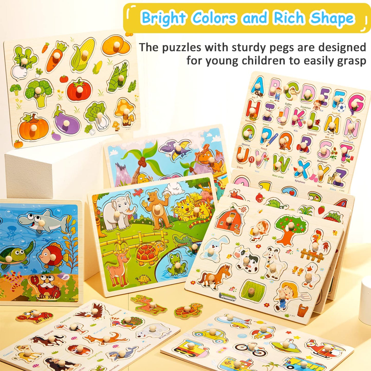 Chivao 10 Pack Wooden Peg Puzzles For Toddlers Jigsaw Learning Puzzles For Kids Wooden Toddler Toys With Alphabet Number Animal Vehicle Shape