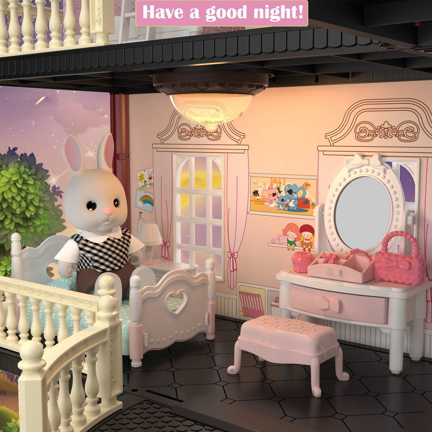 Mitcien Dollhouse Kit Playset Little Critters Bunny Dolls For Girls With Swimming Pool And Slideside Family Toys For Toddler 3 4 5 6-Year-Old Girl