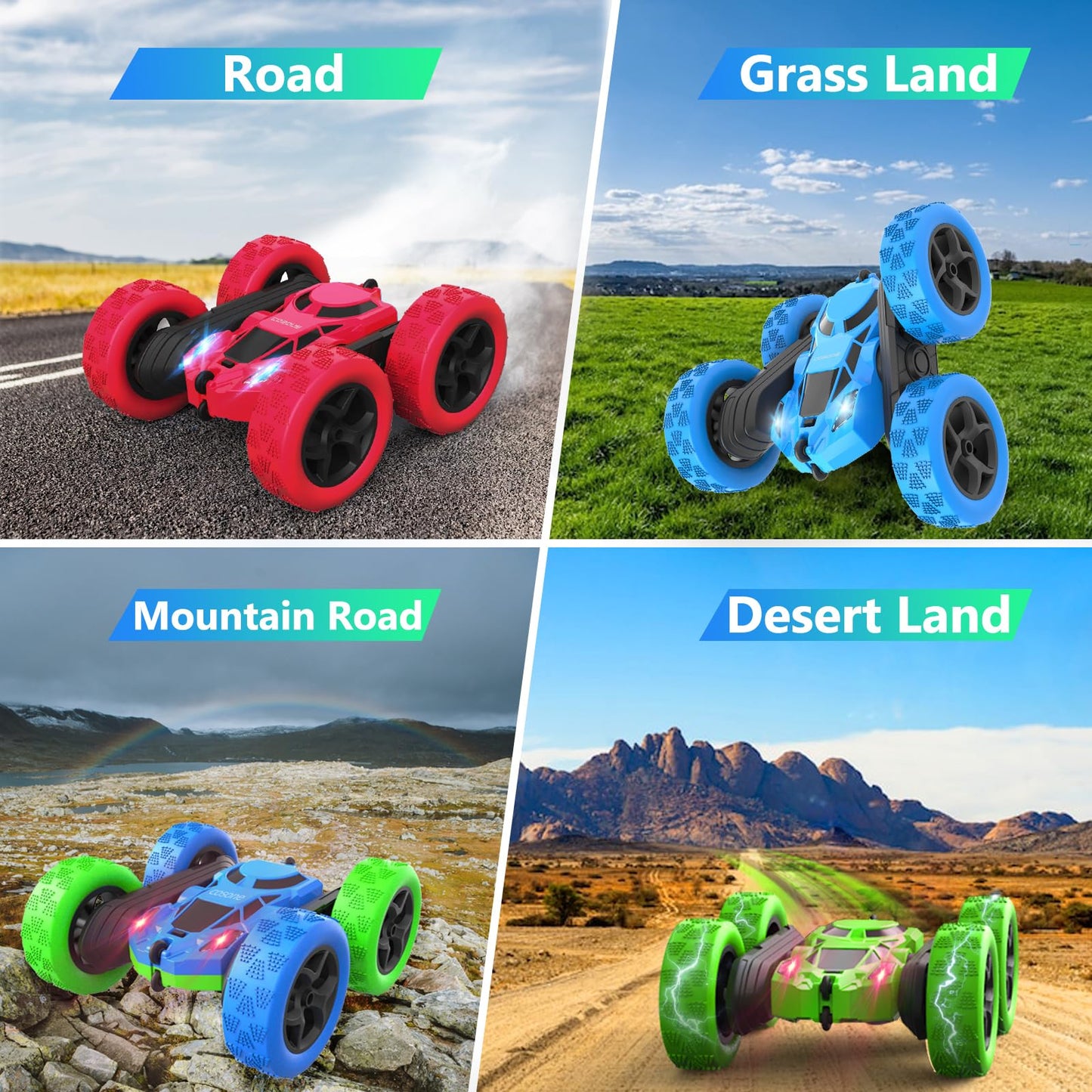 cosone Remote Control Car Toys for Boys - 4WD 2.4Ghz Double Sided 360 Rotating All Terrain RC Cars with Cool Lights, Kids Birthd