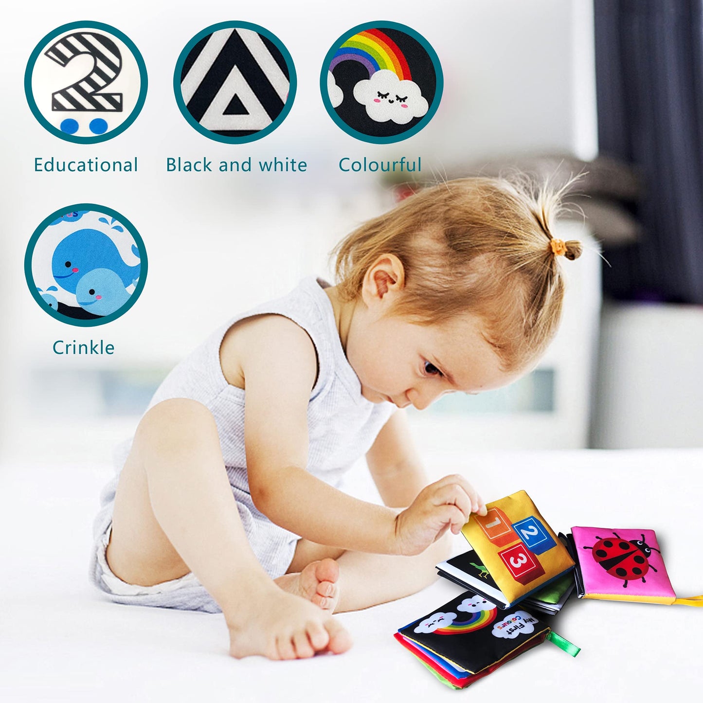 Aminfun Soft Cloth Baby Book Toy,Black White Fabric Baby Learning Book(Pack Of 4),Touch And Feel Crinkle Sound,Early Educational