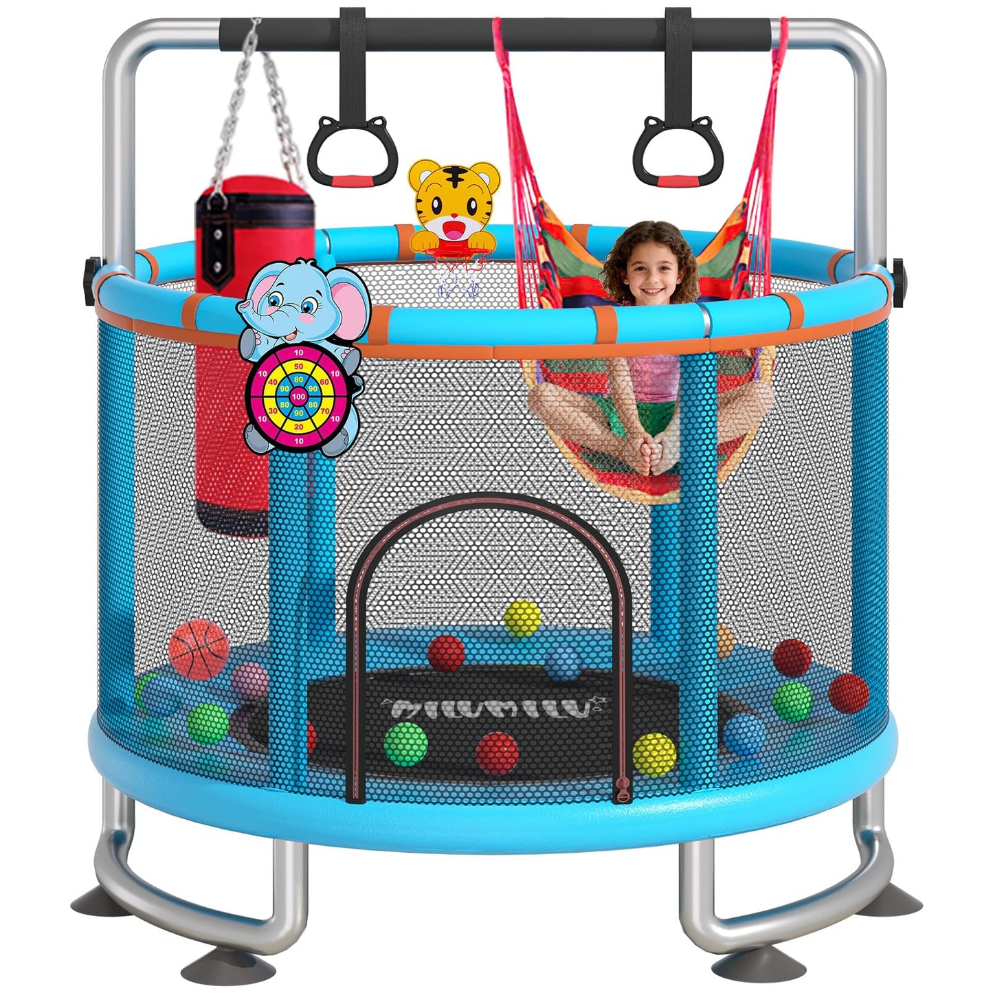 60 Indoor Outdoor Trampoline for Kids,MILUMILU Toddler Trampoline with Safety Enclosure Net,Adjustable Gymnastics Bars, Basketba
