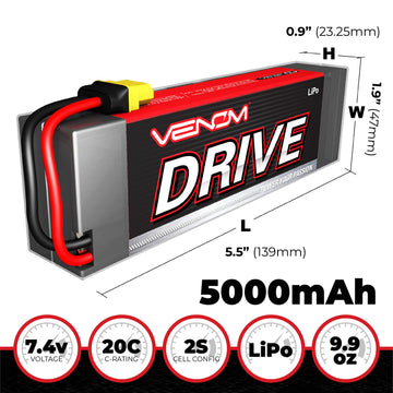 Venom Drive Series 20C 2S - 5000mAh 7.4V LiPo RC Battery - Universal 2.0 Plug, Lithium Polymer 2 Cell - Soft Silicone Connector