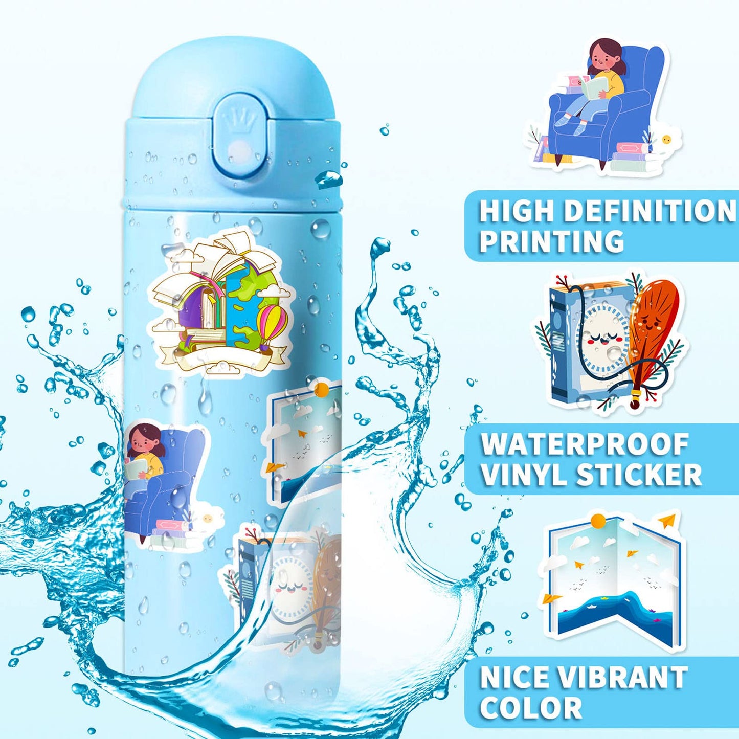 100 Pcs Book Stickers Bulk, Reading Stickers For Water Bottles, Library Stickers, Book Accessories For Reading Lovers, Vinyl Wat