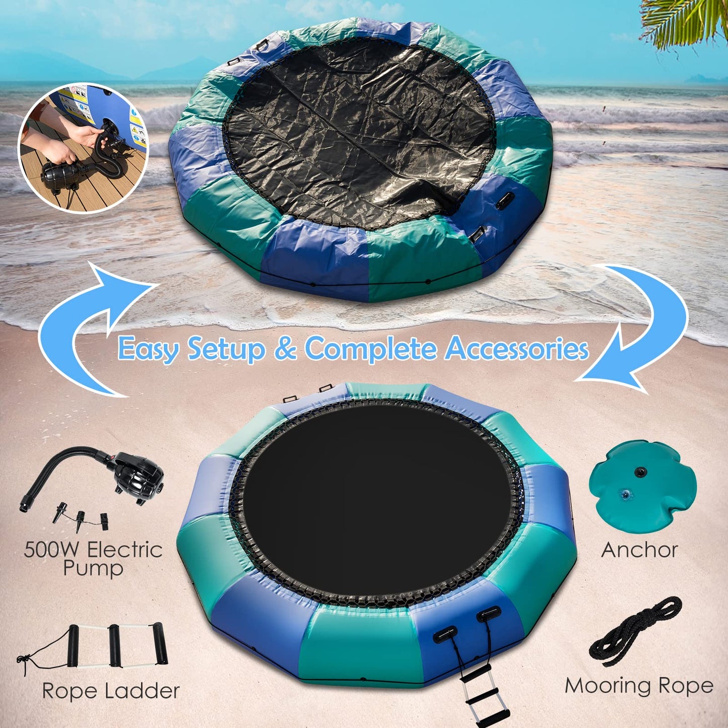 Gymax Water Trampoline, 10Ft 12Ft 15Ft Floating Lake Trampoline With Electric Pump & Rope Ladder, Inflatable Water Bouncer For L