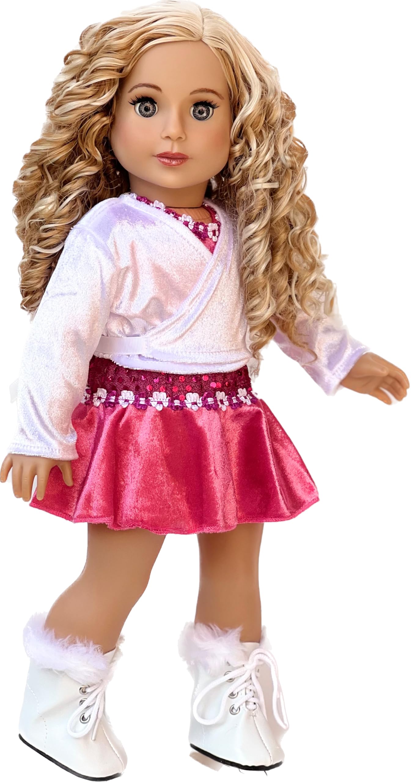 Ice Skating Girl - 4 Piece Ice Skating Outfit For 18 Inch Doll - Pink Leotard With Skirt, White Warmup Sweater And White Ice Skates - 18 Inch Doll Clothes (Doll Not Included)