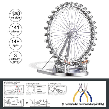 Piececool 3D Metal Model Puzzles - Large London Eye Architecture Kit, 141 Pcs, White, Perfect for Adults & Unique Birthday Gifts