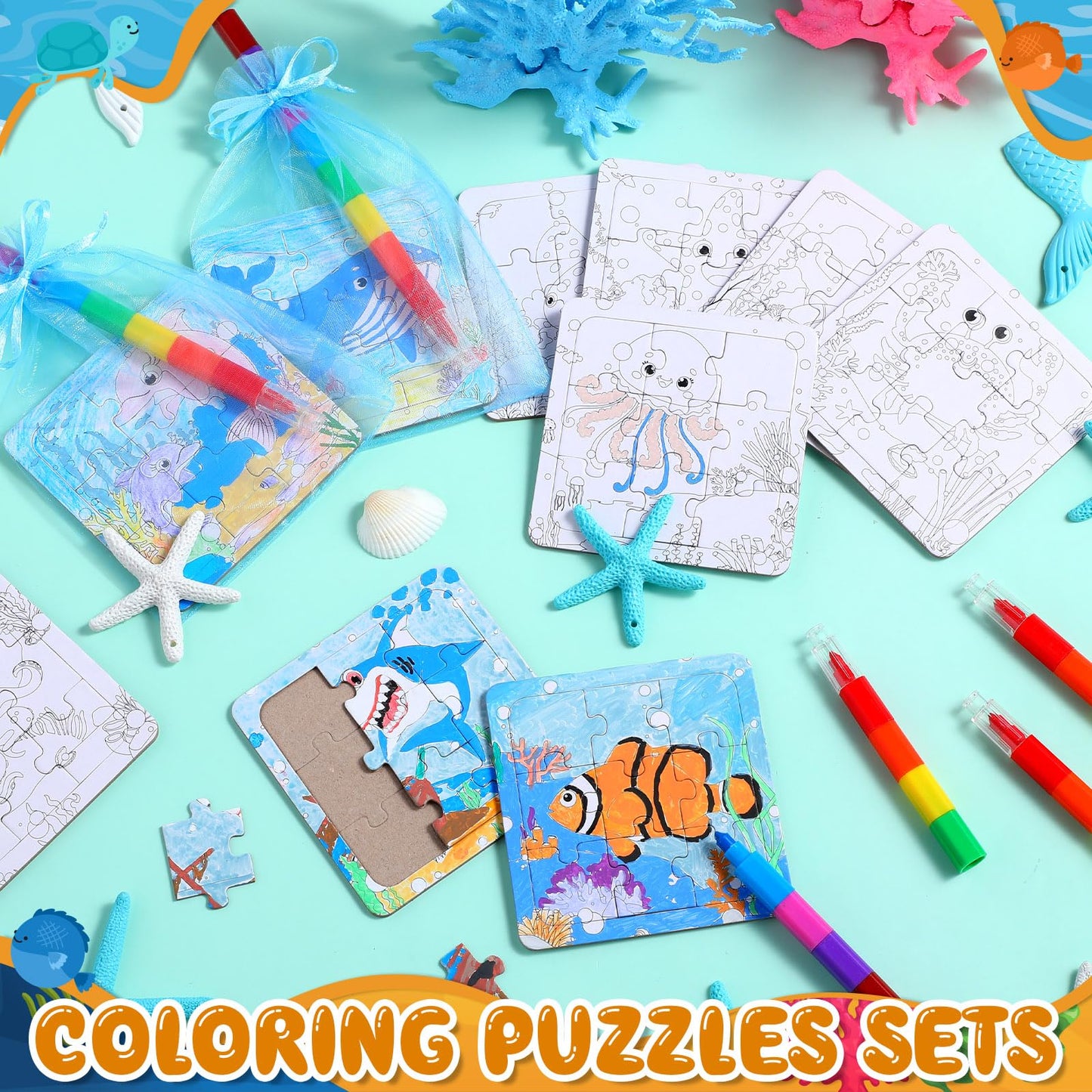 Fullhawl 12 Sets Sea Animal Puzzles Summer Color Your Own Puzzles DIY Ocean Jigsaw Crafts with 12 Stackable Crayons and 12 Bags for Ocean Theme Gifts Birthday Party Supplies(12 Sea)