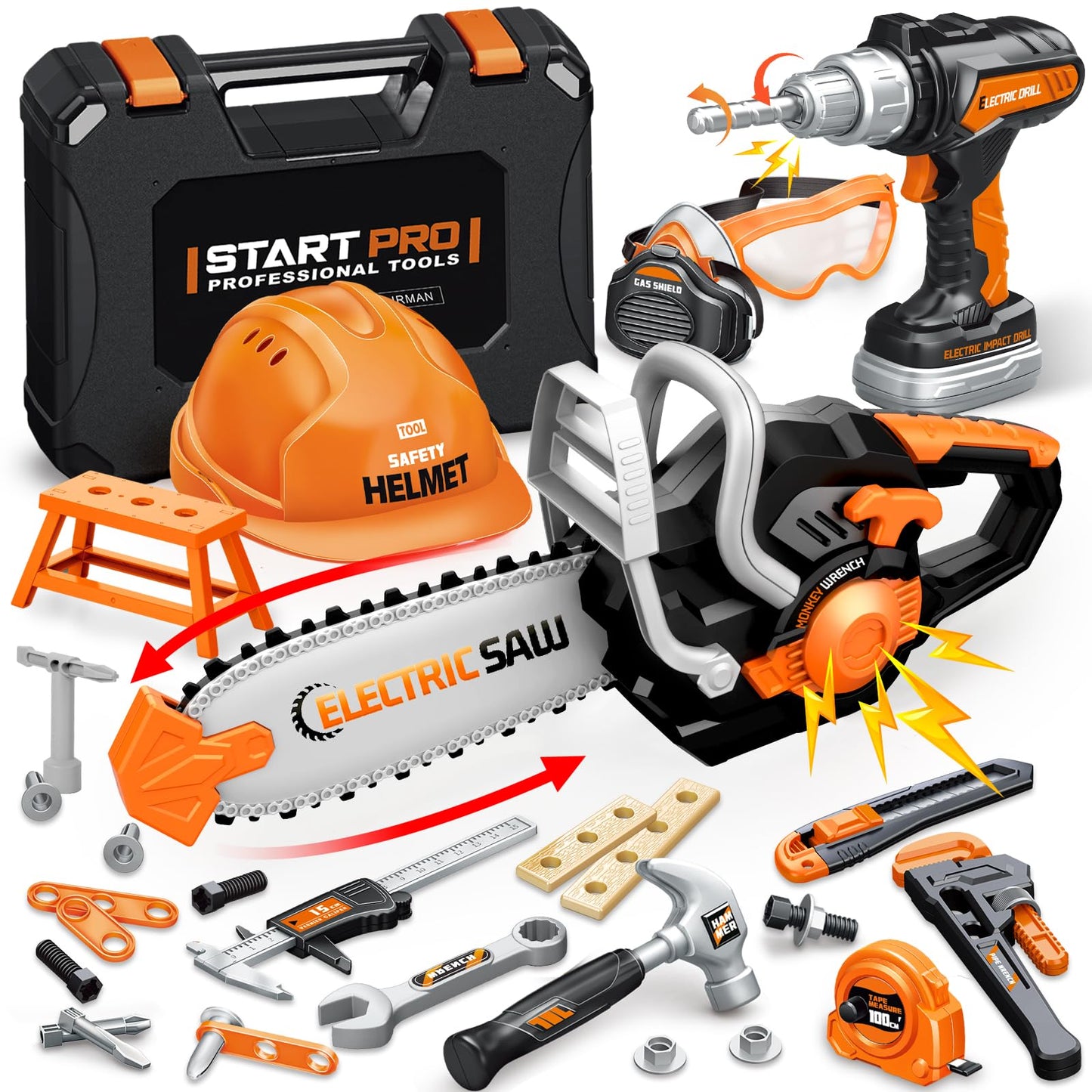 Kids Tool Set Toys, 48 Pcs Toddler Tool Set with Portable Tool Box, Electronic Toy Drill & Electric Chainsaw, Construction Tools