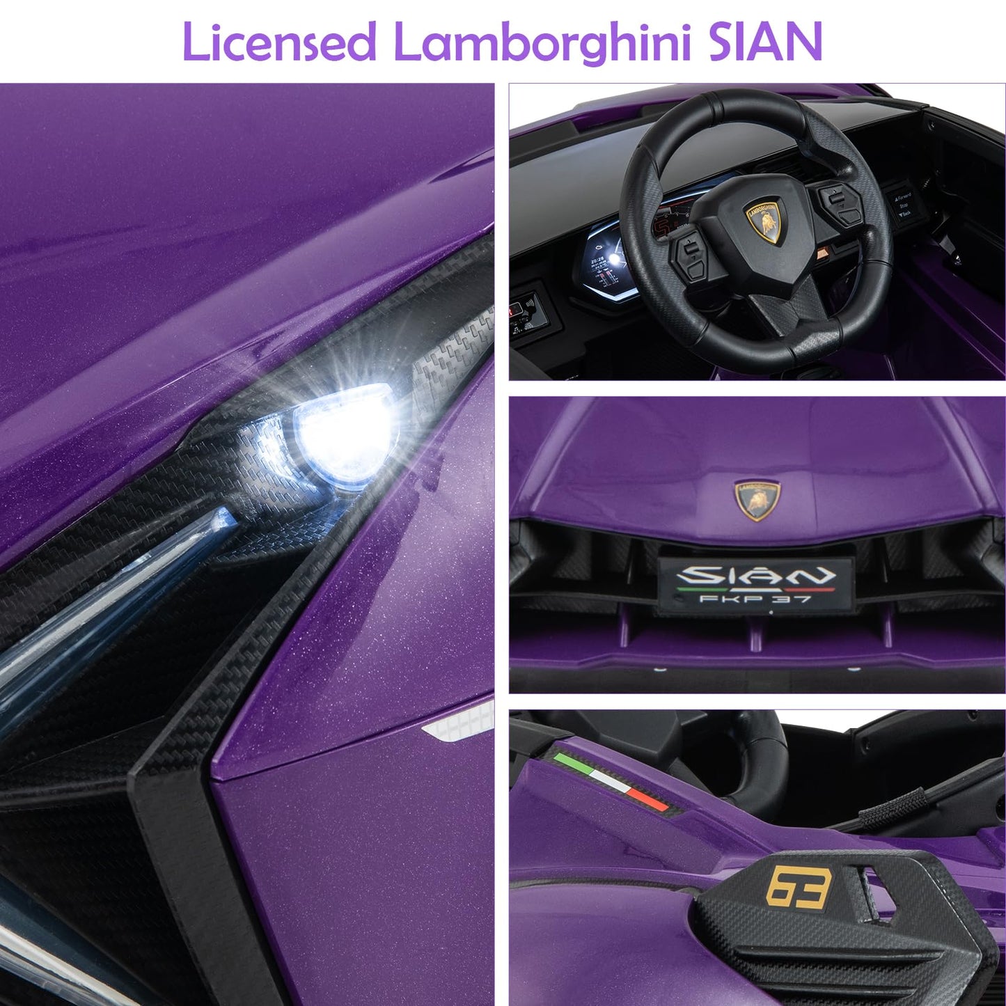 Olakids Kids 12V Licensed Lamborghini Sian Ride On Car, Electric Vehicle For Toddler With Control Remote, Battery Powered Toy With Music, Horn, 2 Speeds, Suspension, Led Lights, Bluetooth (Purple)