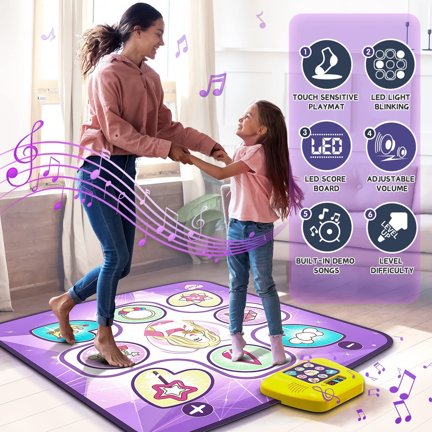 Beefunni Dance Mat Toys For 3-10 Year Old Girls, 5 Game Modes Including 3 Challenge Levels, Adjustable Volume Dance Pad With Led Lights, Christmas Birthday Gifts For 3 4 5 6 7 8 9+ Year Old Girls