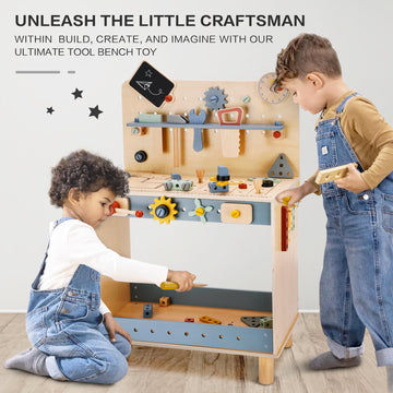 Deluxe Wooden Toy Workbench For Kids, 69 Pieces Tool Playset With Play Tools Set, Storage Space, Tool Bench, And Educational Gif