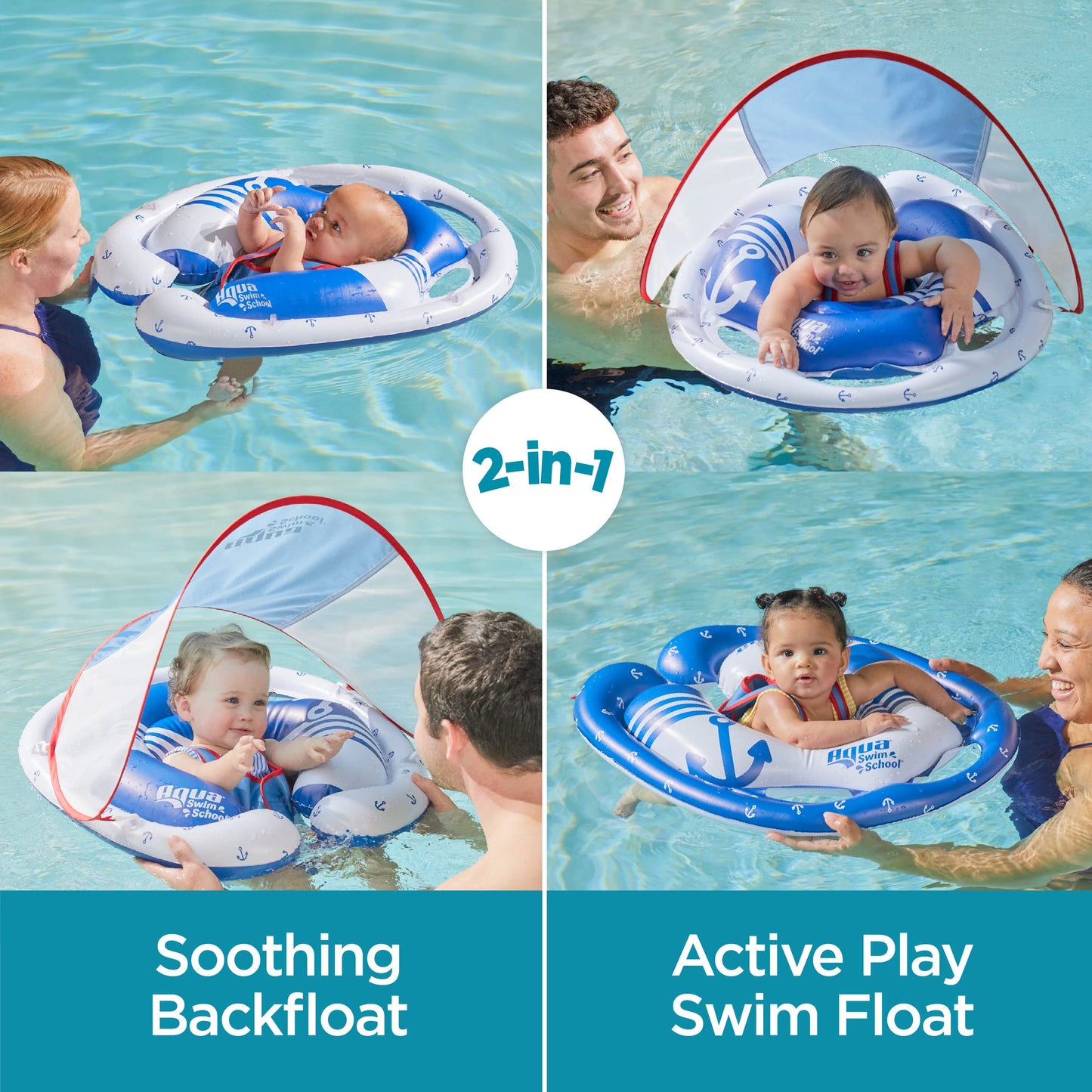 Swimschool Freestyle Swimmer Baby Pool Float With Sunshade Canopy And Multi-Position, Adjustable Safety Seat, Dual Air Chambers Safe, Red-White-Blue Nautical