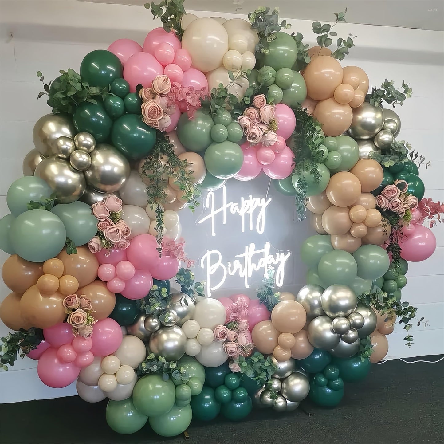 128Pcs Sage Green And Pink Balloon Arch Kit, Dusty Olive Green Blush Peach Beige Cream White Gold Latex Balloon Garland Kit For