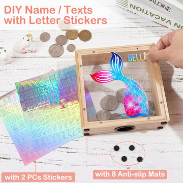 Piggy Bank for Kids, Wooden Money Coin Bank for Boys and Girls, Dinosaur Unicorn Piggy Banks with DIY Stickers for Birthday, Eas