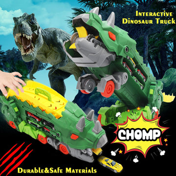 Transformer Dinosaur Truck Toys For Kids Ages 3-7, Foldable Car Transporter With Race Track, Triceratops Transport, With 8 Cars