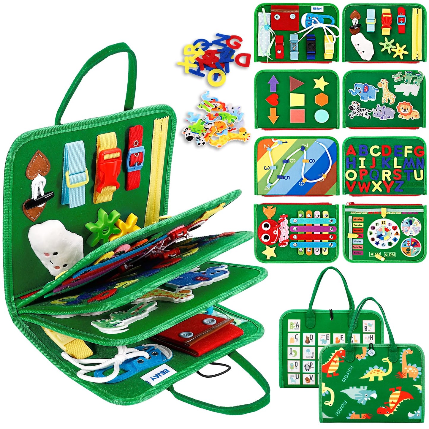 Esjay Toddler Busy Board Montessori Toys, Sensory Board Educational Activities For Learning Fine Motor Skills, Gifts For Girls Boys Toddlers, Travel Toys For Airplane Car,Green Dinosaur