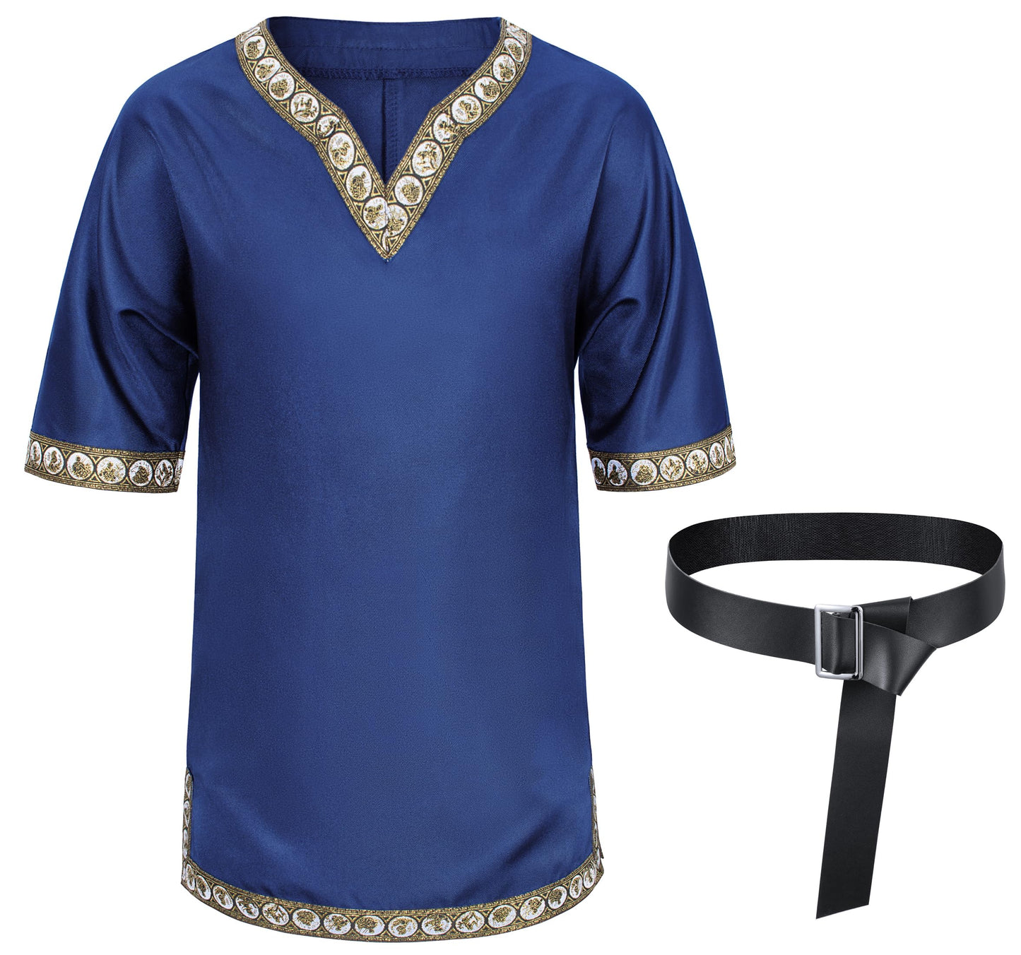 Kids Medieval Costume Boys Viking Tunic Knight Warrior Renaissance Shirts With Belt 8-10 Years Blue