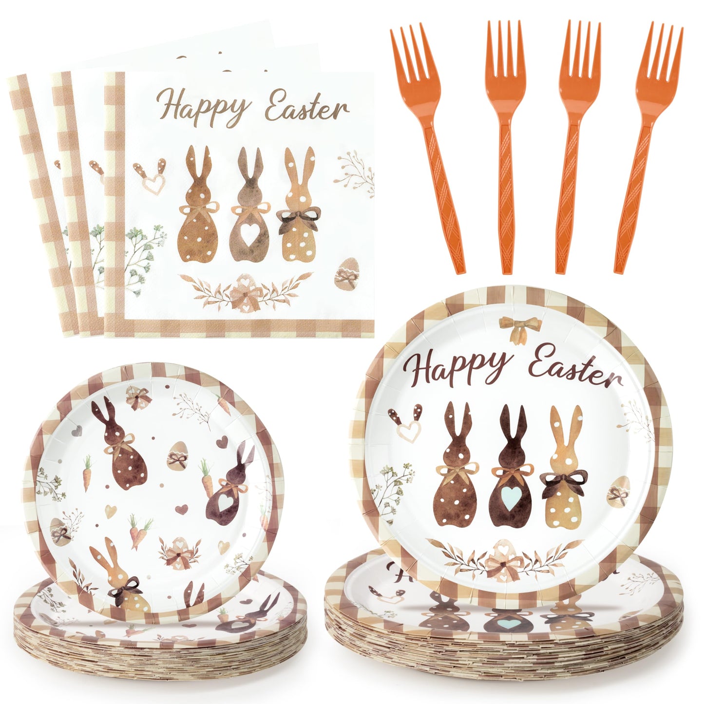 Z1juce Easter Theme Party Tableware - 96PCS Easter Brown Flower Bunny Party Disposable Paper Plates Napkins and Plastic Forks Co