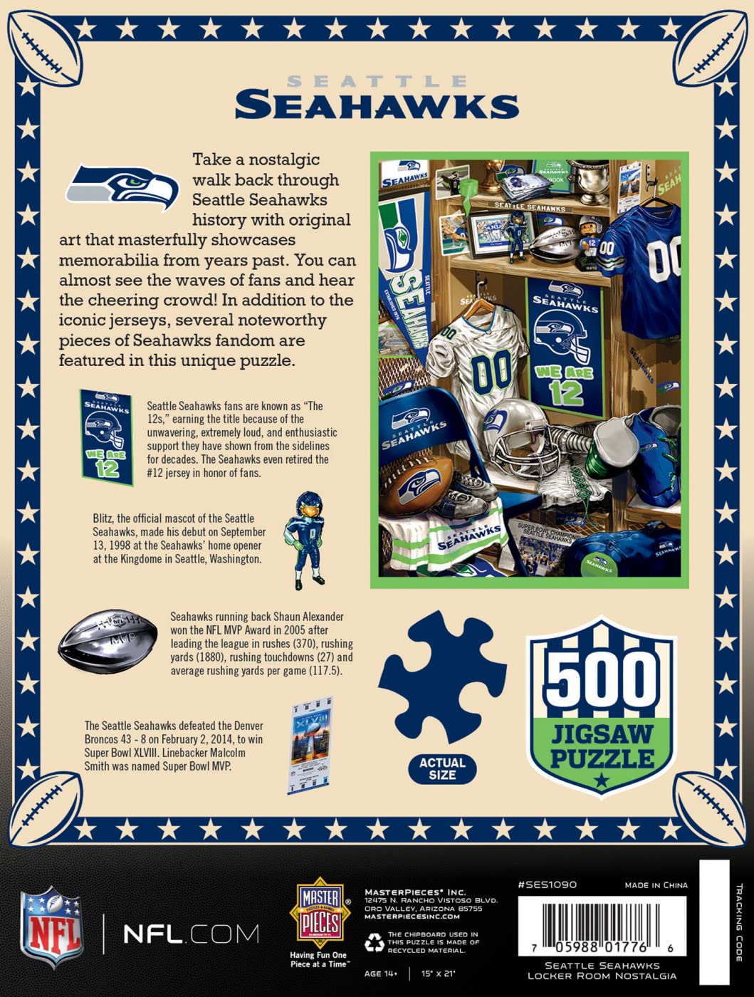 MasterPieces Game Day 500 Piece Jigsaw Puzzle for Adults - NFL Seattle Seahawks Locker Room - 15x21